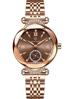 Women's Coffee Crystal Accents Dainty Dress  Stainless Steel Strap Quartz Watch